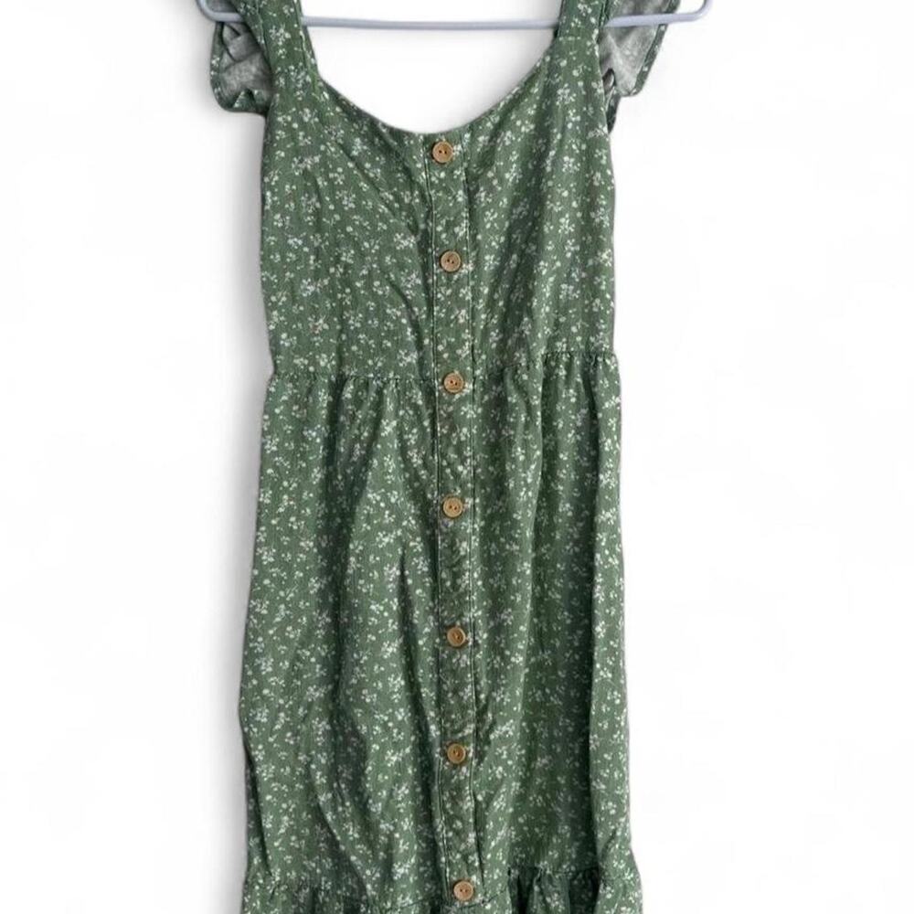 Sz M Monteau Los Angeles Linen Ruffle Sage Green White Flowers Knee Length Dress